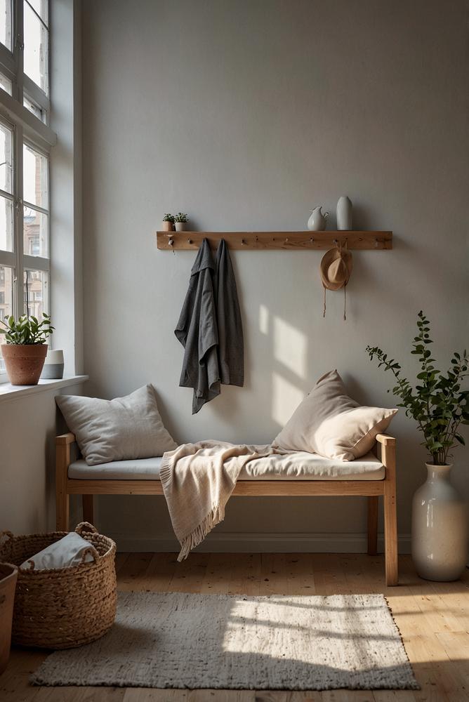 Helles skandinavisches Entrée mit Holzbank und Garderobe