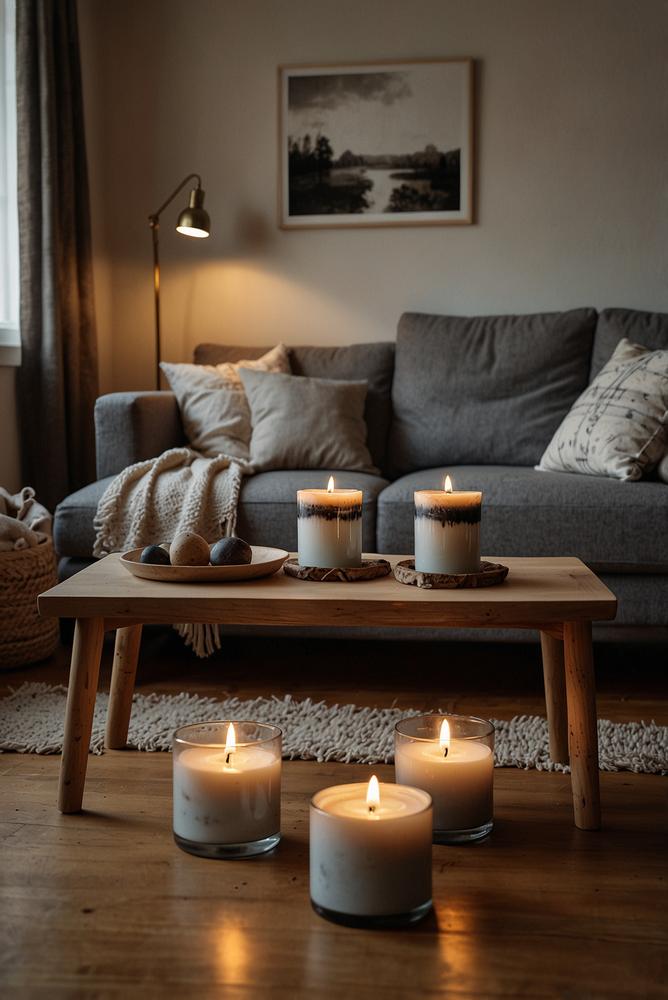 Helles Skandi-Kerzenstilleben auf dem Couchtisch
