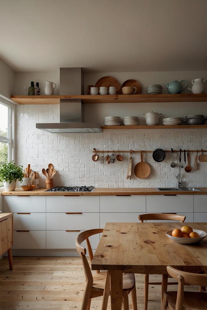 Helle Skandi-Küche mit Holzregalen und Geschirr