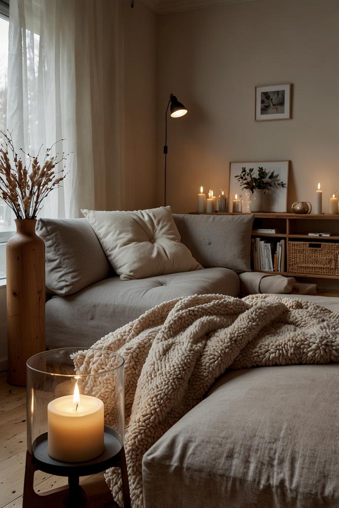 Skandi Sofa Ecke mit Kissen und dimmbarem Licht