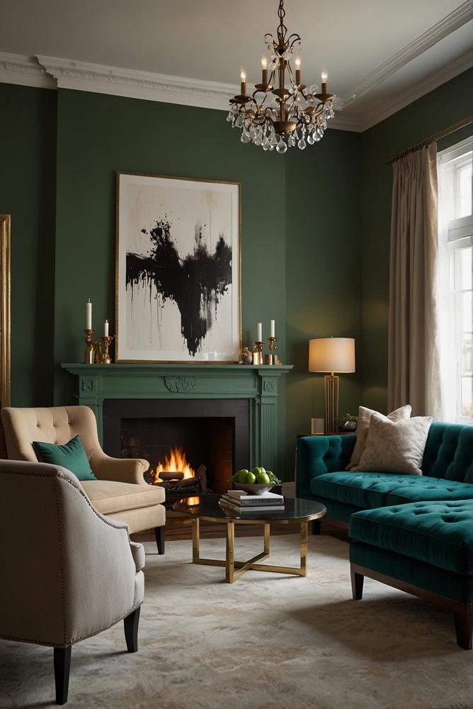 Modernes Wohnzimmer mit smaragdgrüner Akzentwand