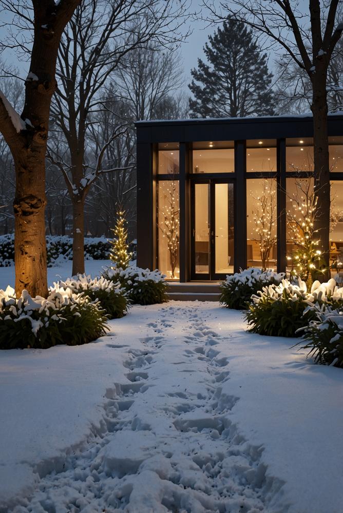 Helle Solar-Wegbeleuchtung im winterlichen Vorgarten