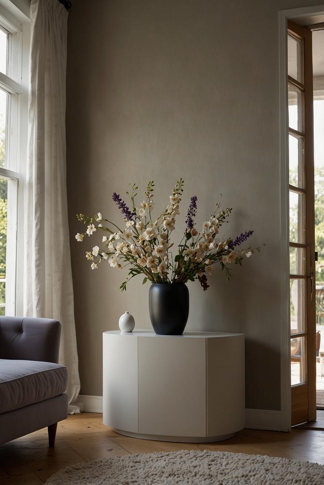 Reihe kleiner Trockenblumen-Vasen auf Sideboard im Winterlicht