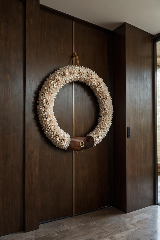 Türkranz aus Holz und Perlmutt winterlich dekoriert