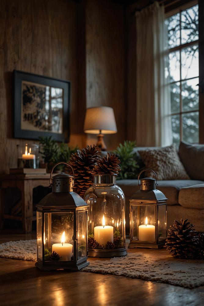 Helles Windlicht mit Tannenzapfen und Holz im Glas