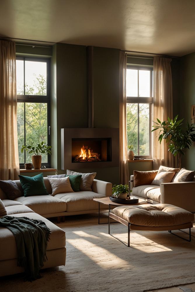 Lichtdurchfluteter Raum mit Kamin und tannengruenen Akzenten