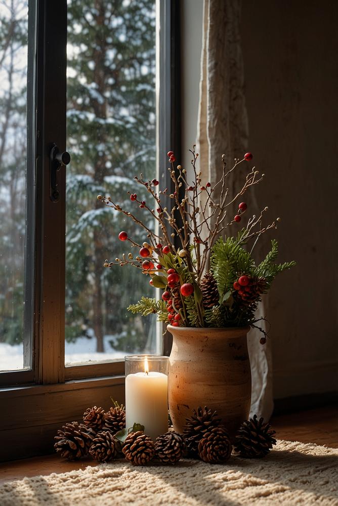 Lichter-Girlande aus Tannenzapfen und Holz in warmem Winterlicht