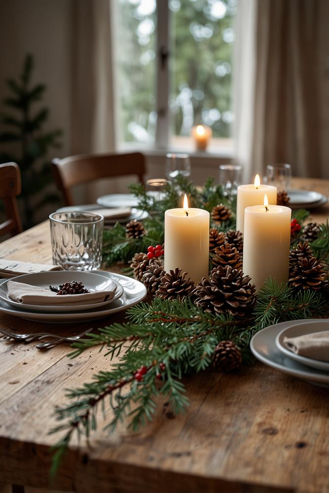 helle Tannenzweig-Deko auf Esstisch mit Kerzen