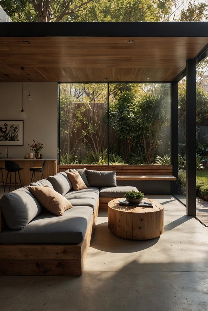 Helle Terrasse mit integriertem Stauraum fuer Kissen und Decken