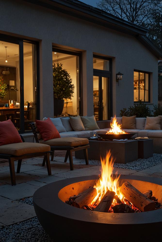 Gemütliche Terrasse mit Feuerschale im Winter