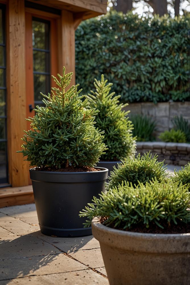 Terrasse mit winterharten Kübelpflanzen und immergrünen Sträuchern