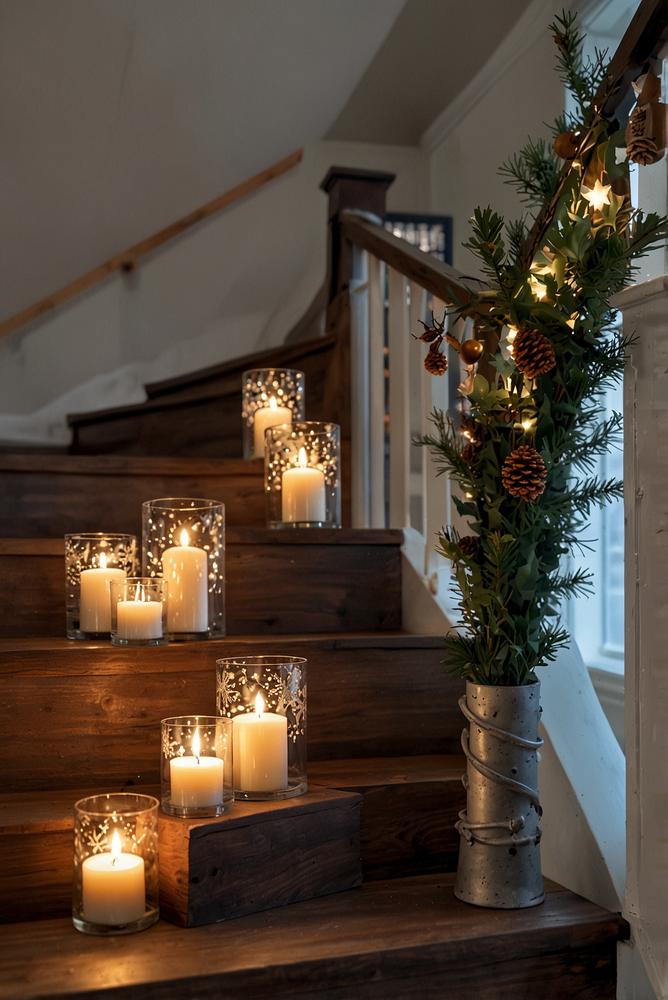 Helle Treppendeko mit Windlichtern und Winteraccessoires