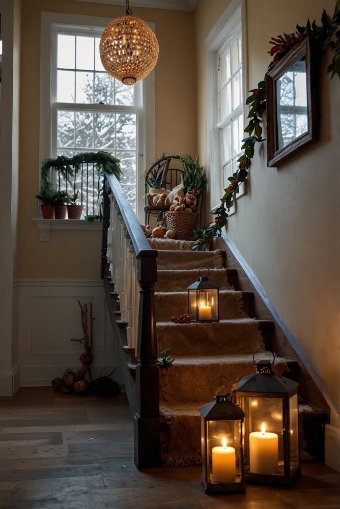 Helles winterliches Treppenhaus mit Girlanden und Laternen