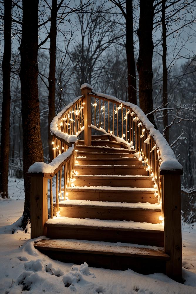 helle Treppenstufen mit warmen Beigetönen und Lichterketten