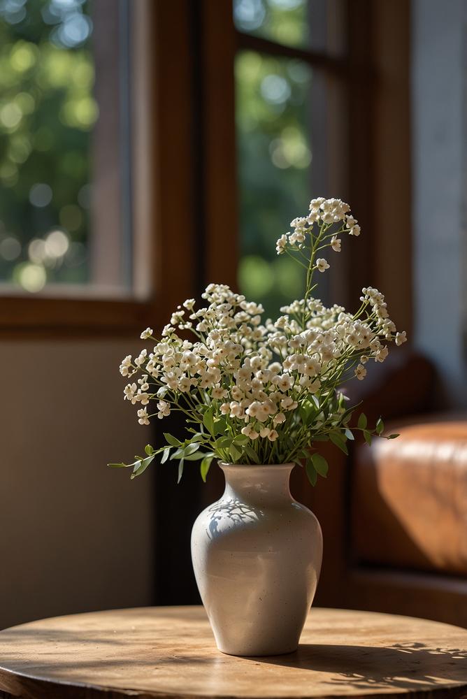 Trockenblumenbouquet in heller Keramikvase im Wohnzimmer