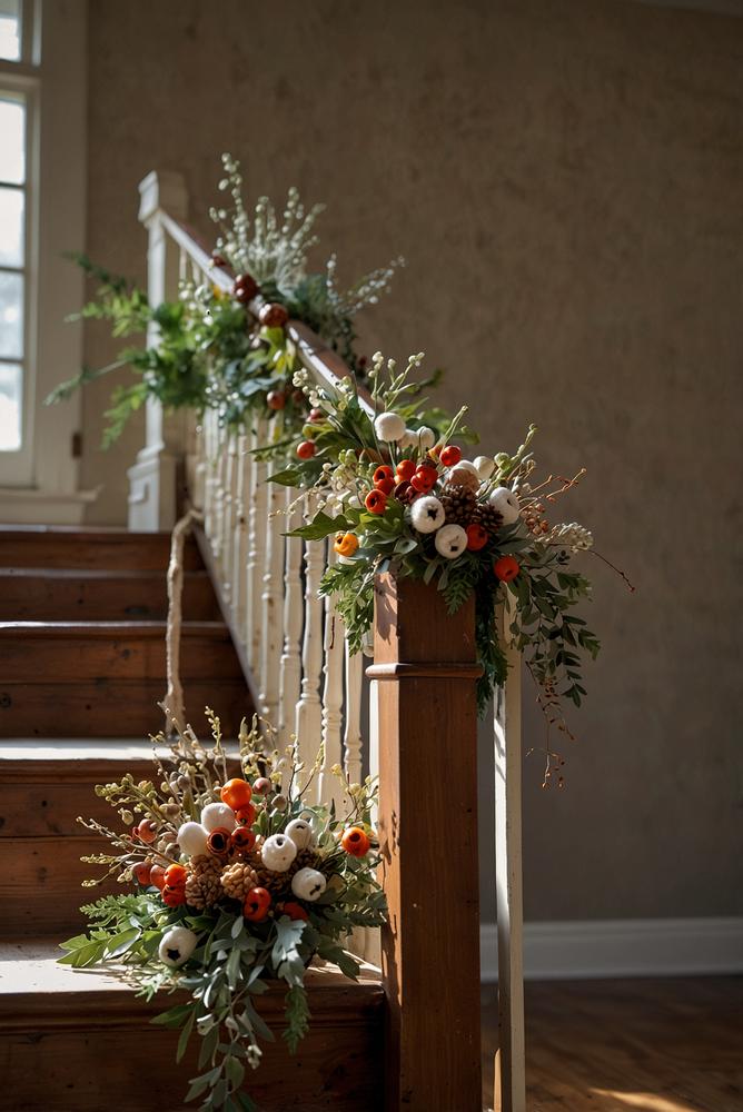 Trockenblumen-Girlande am Treppengeländer im Winter