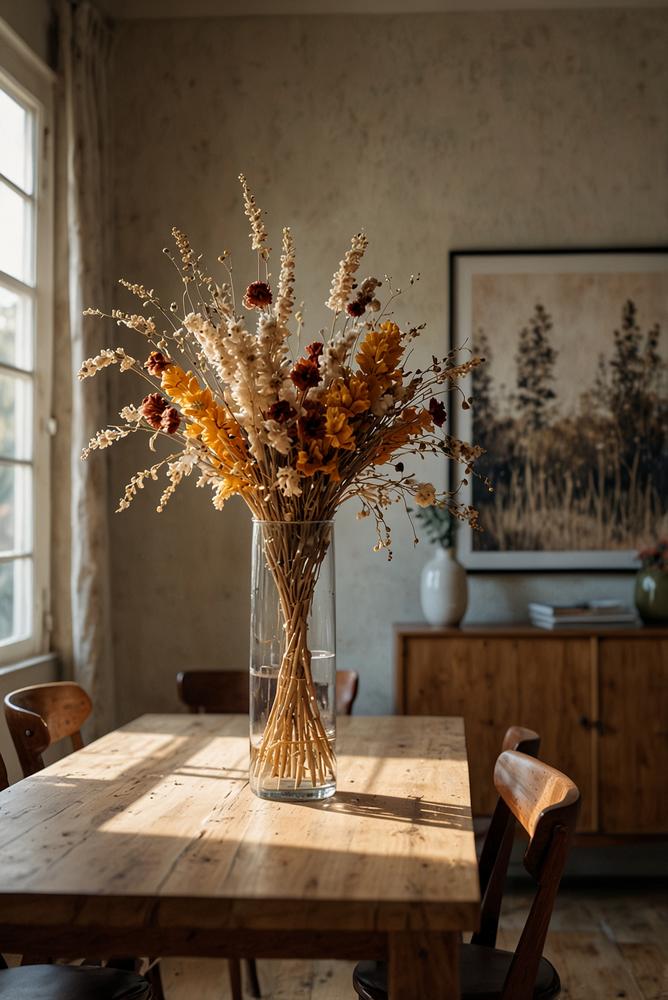 Trockenblumen-Hängebündel im Essbereich, hell und einladend