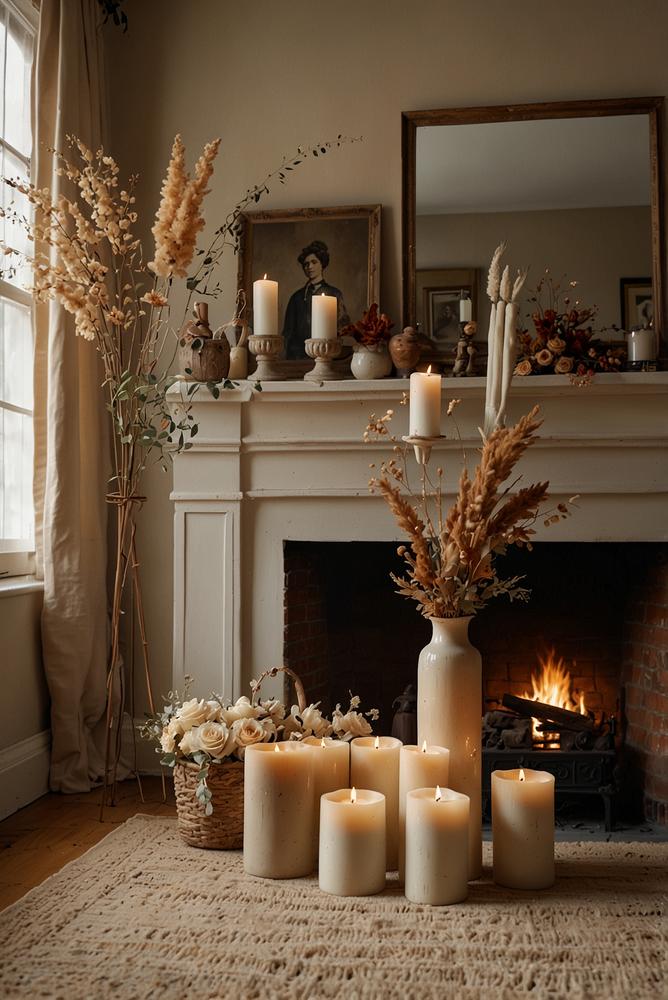 Kaminmantel mit trockenen Blumen im Winter, hell und einladend