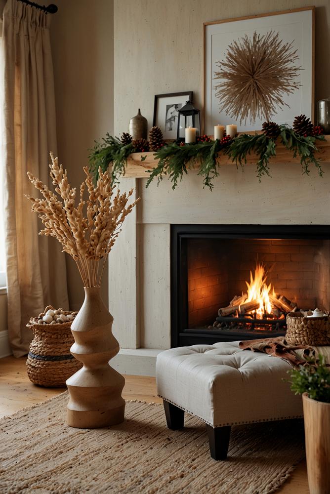 Hell und einladend gestaltetes Trockenblumen-Kaminarrangement