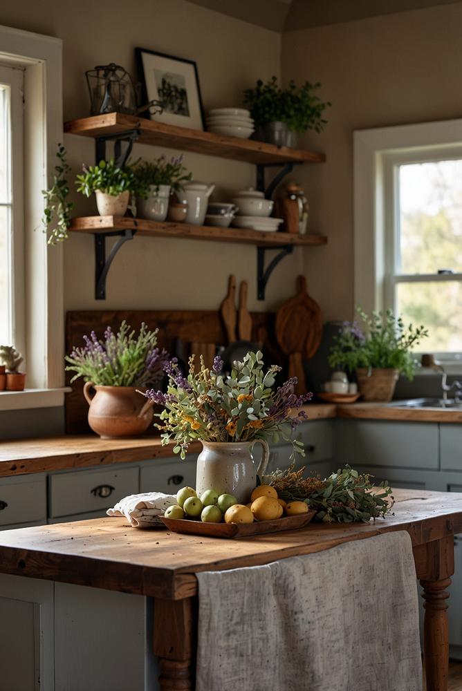 Trockenblumen-Kraeuterbuesndel in heller Kueche