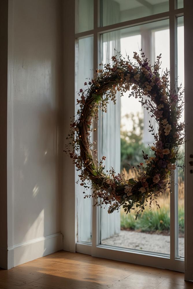 Dried flower wreath with LED lights in winter decoration