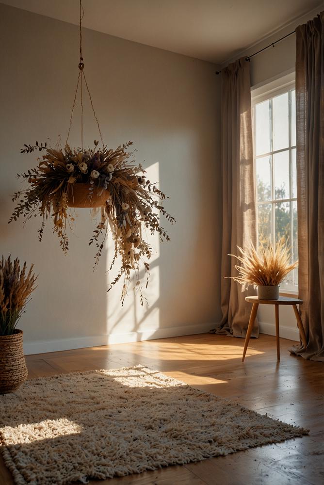 Trockenblumen-Mobile über dem Arbeitsplatz im hellen Raum