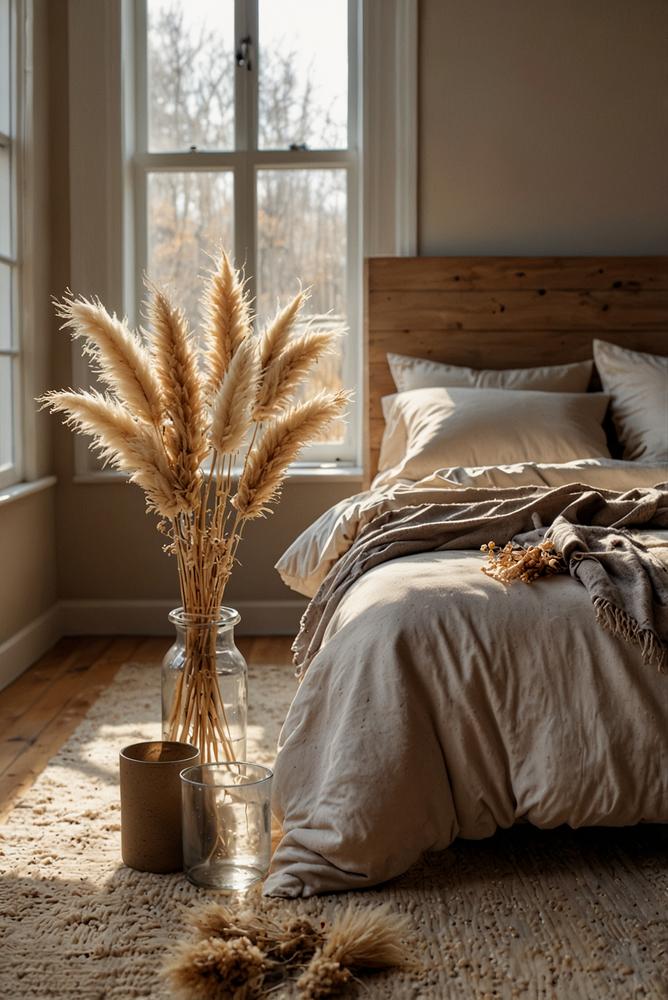 Trockenblumen auf Nachttisch im gemütlichen Schlafzimmer