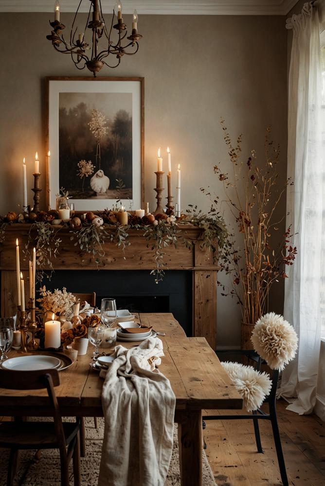 Trockenblumen-Tischgesteck mit Kerzen im hellen Esszimmer