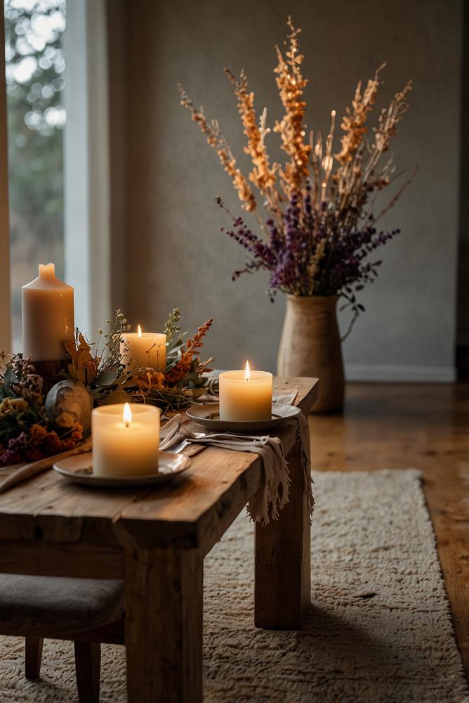 Trockenblumen-Tischläufer mit Kerzen in hellem Winterraum