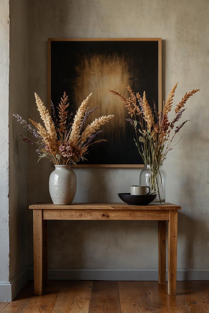 Trockenblumen Vase auf heller Flurkonsole im Winter