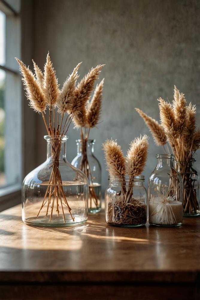 Trockenblumen in Vintage-Gläsern in einer hellen Küche im Winter