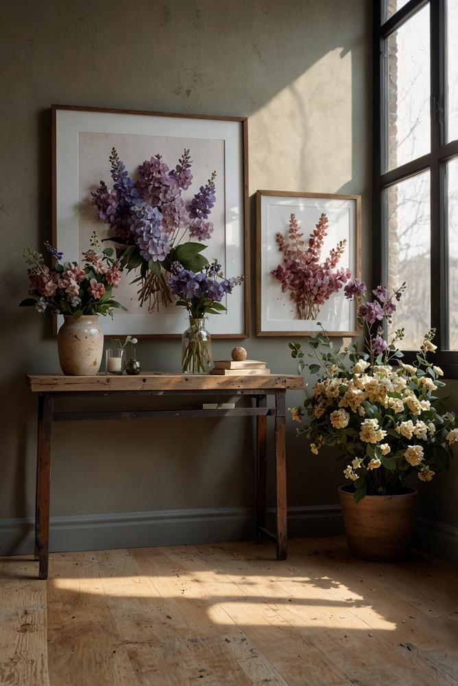 Trockenblumenwandbild im Bilderrahmen in hellem Raum