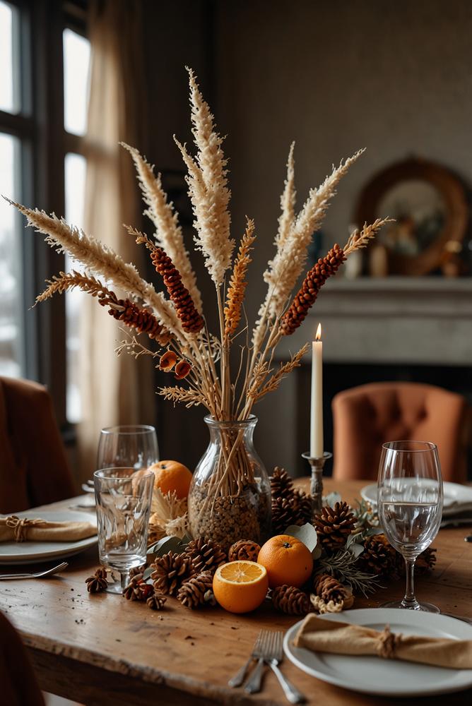 Trockenblumen Tischgesteck im winterlichen Ambiente