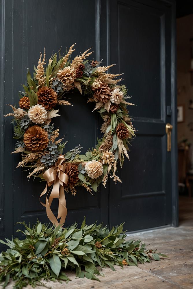 Heller Trockenblumen-Winterkranz an Haustür, stilvoll und einladend