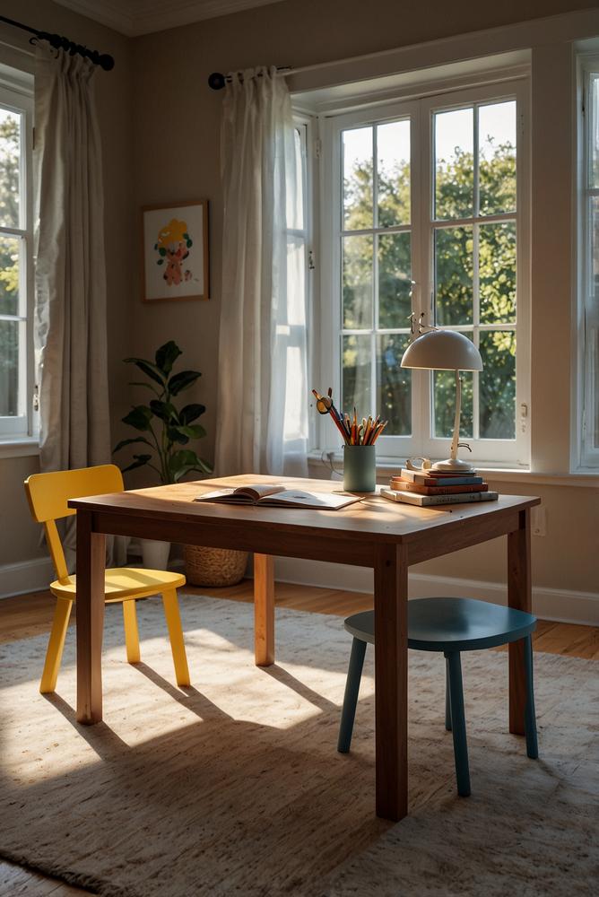 Heller Multifunktionstisch mit verstellbarer Höhe im Kinderzimmer