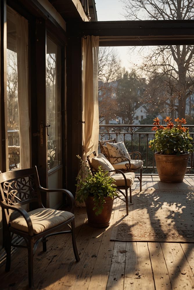 Balkon mit antiken Metallstühlen und einladender Vintage-Deko