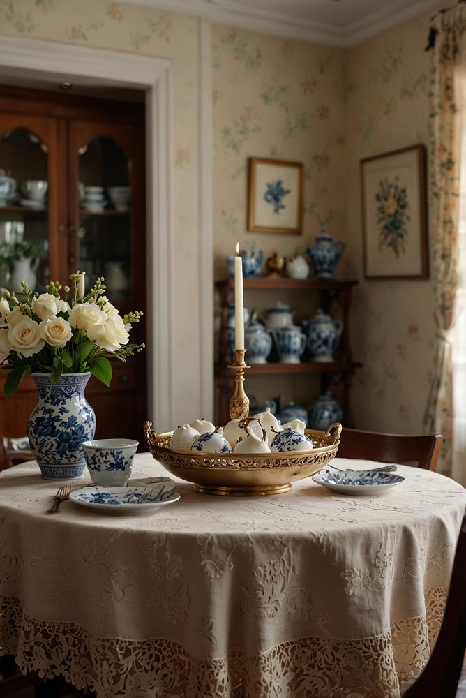Porzellan-Servierwagen im vintage Esszimmer, hell und einladend