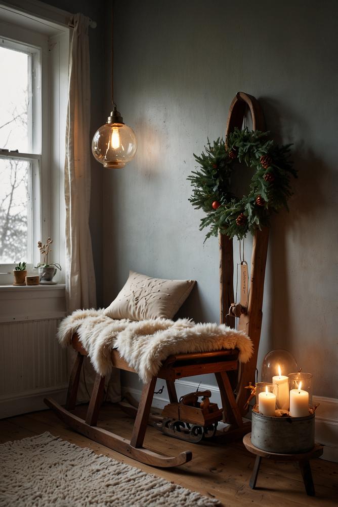 Vintage Flur mit altem Holzschlitten und Lichterketten