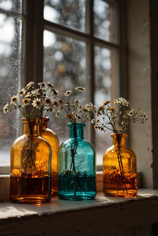 Vintage Fensterbank mit Apothekerflaschen und Lichterketten