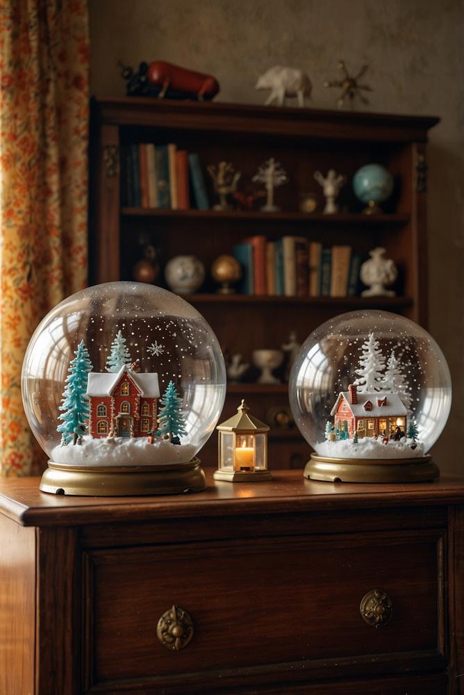 Regal mit nostalgischer Schneekugel-Sammlung im Vintage-Stil