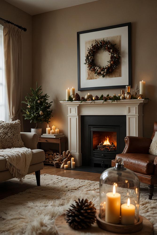 Gemütliche Kamin- und Sideboard-Deko im Winter