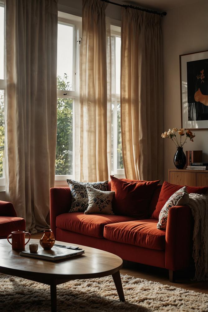 Wärmende Vorhänge in warmen Farben vor Fenster