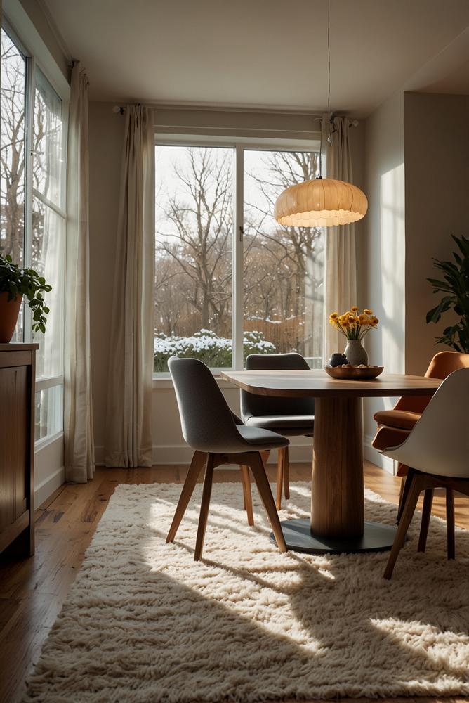 Helles Esszimmer mit warmem Teppich und Heizlüfter