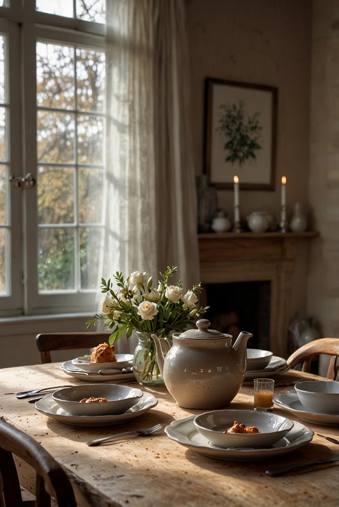 Wärmendes Keramik-Geschirr im hellen Esszimmer