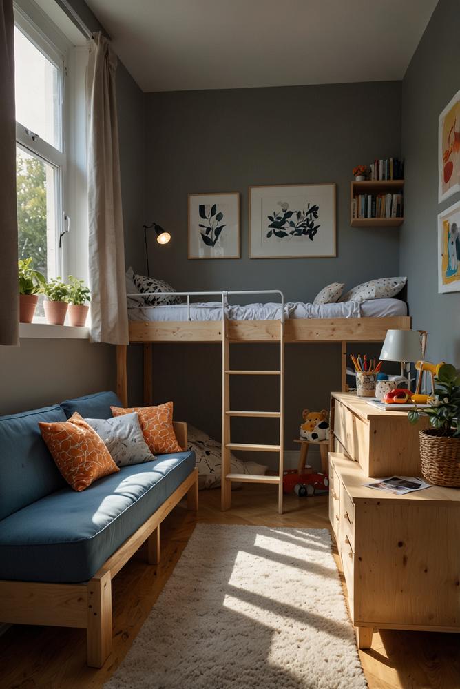 Helles Kinderzimmer mit Wandklappbett und Spielplatz