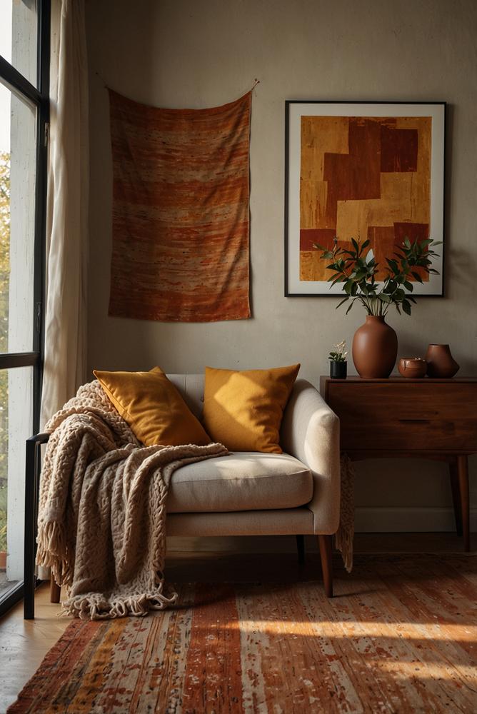 Helle Wohnung mit Wandteppichen in warmen Farbtönen