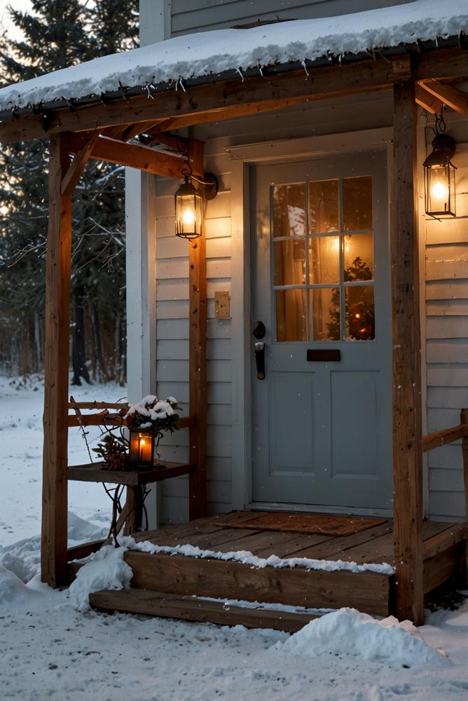 Winterlicher Hauseingang mit warm leuchtenden Laternen