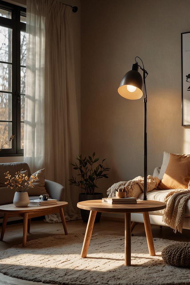 Warme Beleuchtung mit Lichterketten und Stehlampe im Wohnzimmer