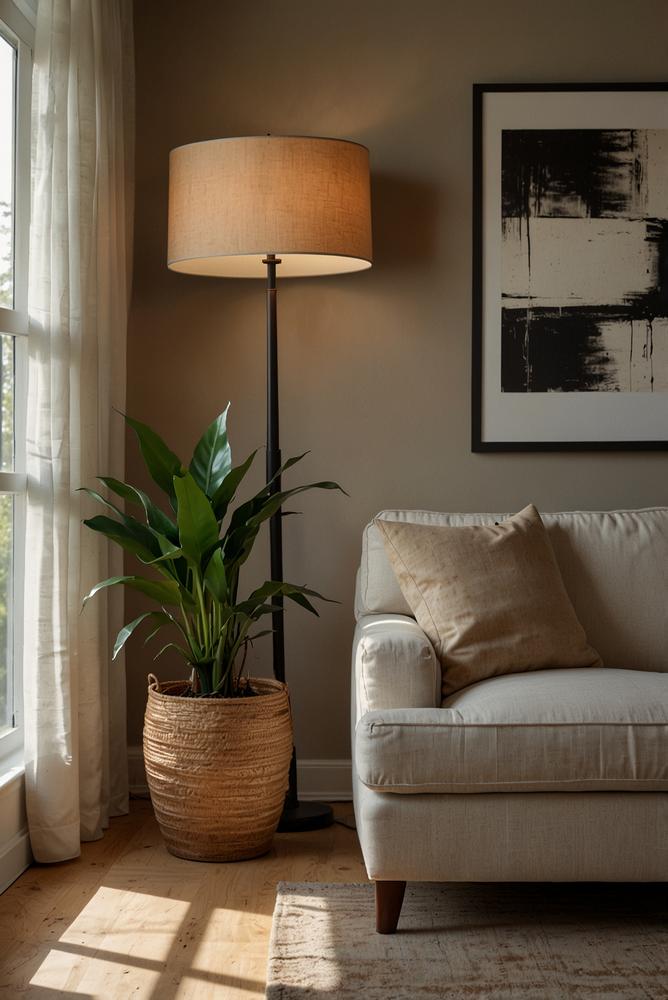 Gemütliches Wohnzimmer mit warmen Stehleuchten und Tageslicht