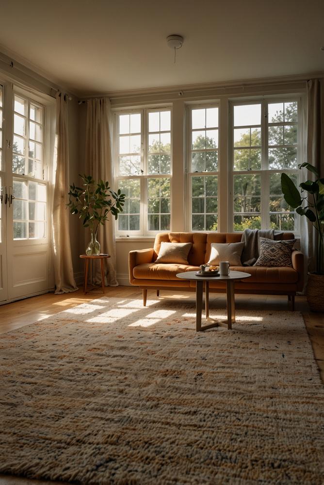 Helles Wohnzimmer mit warmem Teppichboden und Sonnenlicht